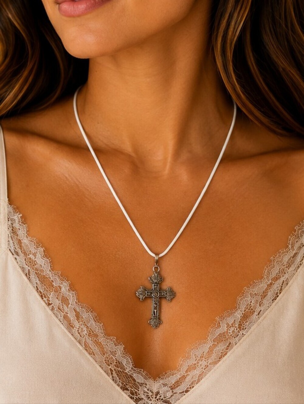 3/$30 Silvertone Ornate Greek Orthodox Floral Cross Pendant